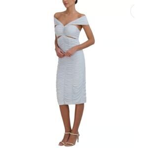 BCBGMAXAZRIA Baby Blue Ruched Bodycon Midi Dress Off-Shoulder Cut-Out S